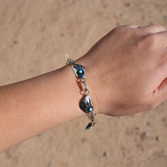 Navajo Sterling Silver Link Bracelet Shadow Box Turquoise Jewelry Sz 8.75in. ** - Picture 3 of 12